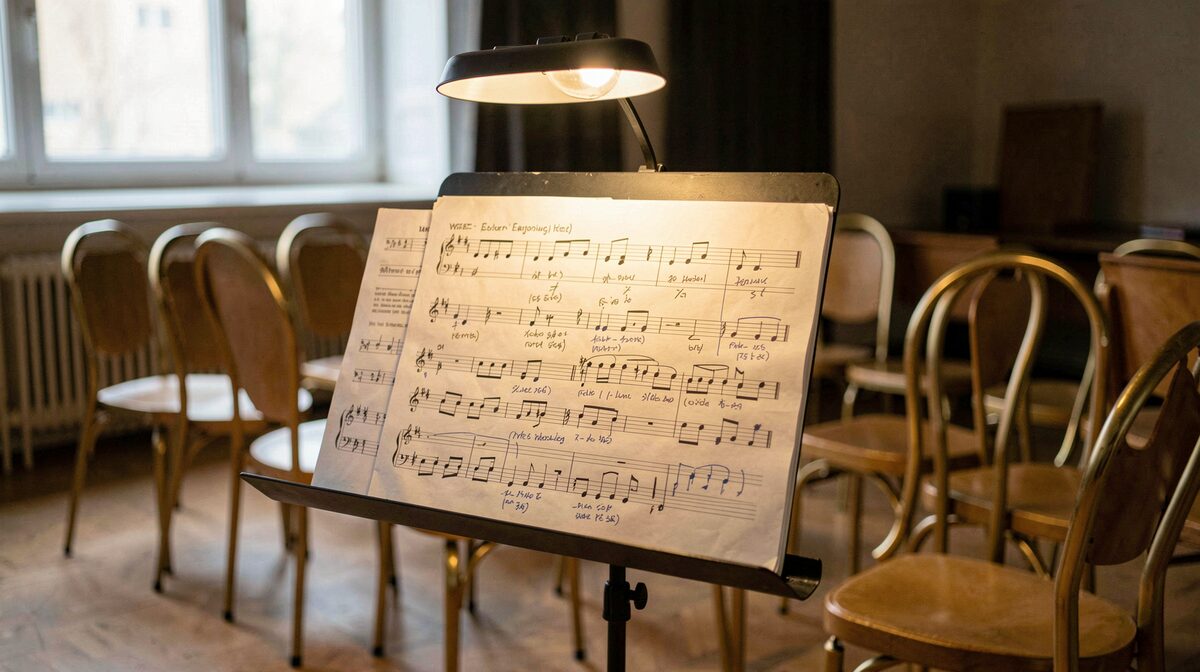 A folding music stand in a rehearsal hall holding a marked-up saxophone chart, brass players' empty chairs behind it, warm overhead work light falling across the pages in a close, slightly high-angle frame.