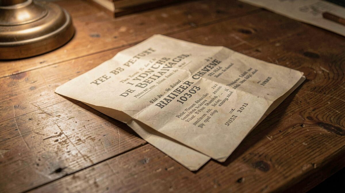 A single folded concert program lying open on a wooden archive table, warm lamp light raking across the paper from the left, shot from slightly above in a close crop that shows printed names and a date.