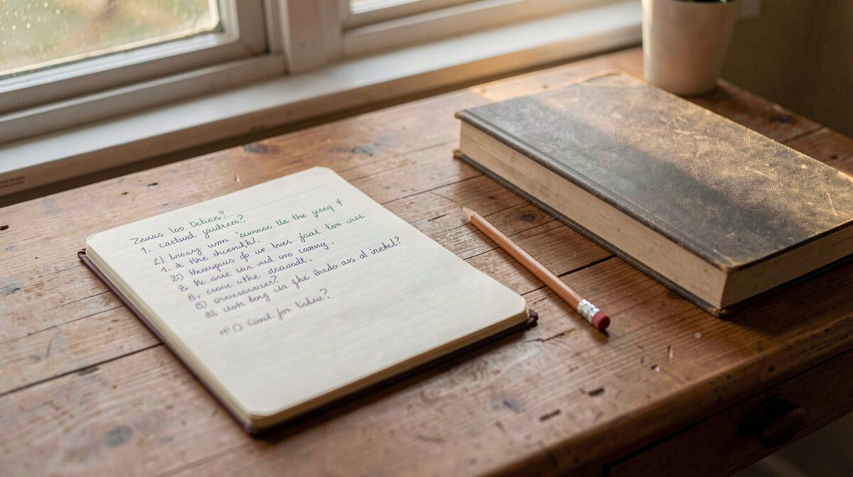 A wooden desk by a window in late afternoon light, an open notebook with handwritten questions in the left page and a closed book beside it, a pencil resting across the margin, shot from slightly above.
